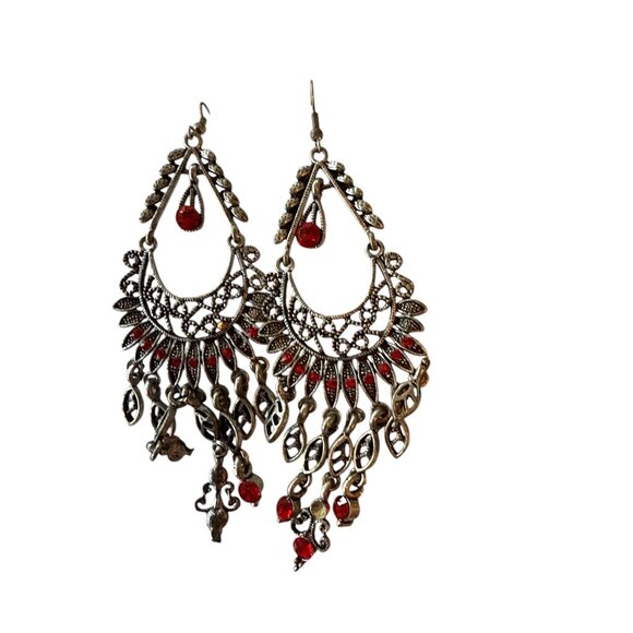 Antique-Style Silver & Red Dangle Earrings With Intricate Design - Picture 4 of 4